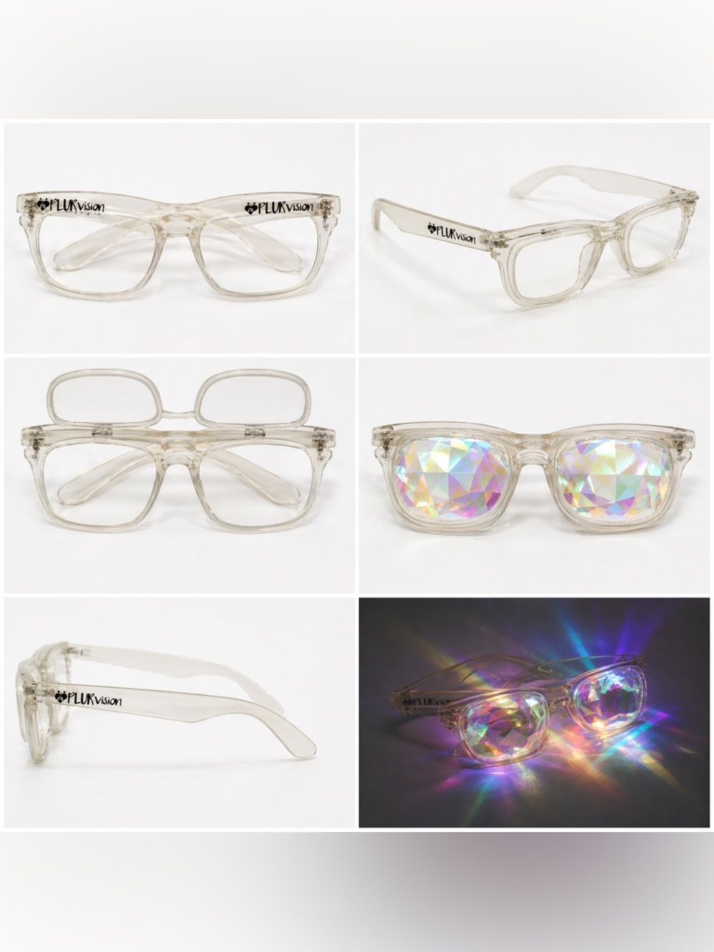 PLUR Vision clear flip-down diffraction glasses rave festival laser eyewear